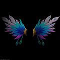 Tech Exhibition Hall Featuring Symmetric Colorful Wing Shaped Installation With Vibrant Hues And Golden Tips