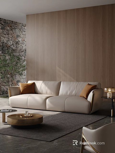 Cream Leather Multi Seat Sofa With Brown Cushions Wooden Wall Table Lamp And Green Plant 3d model 