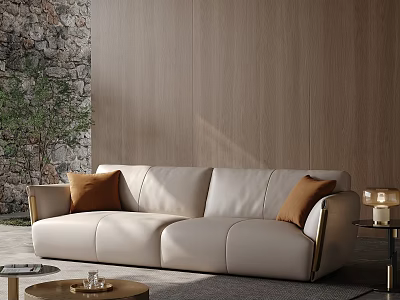 Cream Leather Multi Seat Sofa With Brown Cushions Wooden Wall Table Lamp And Green Plant 3d model