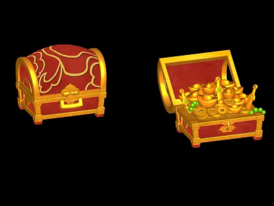 Decorative Red and Gold Treasure Chests Open Closed Filled With Golden Teapots and Fruits 3d model