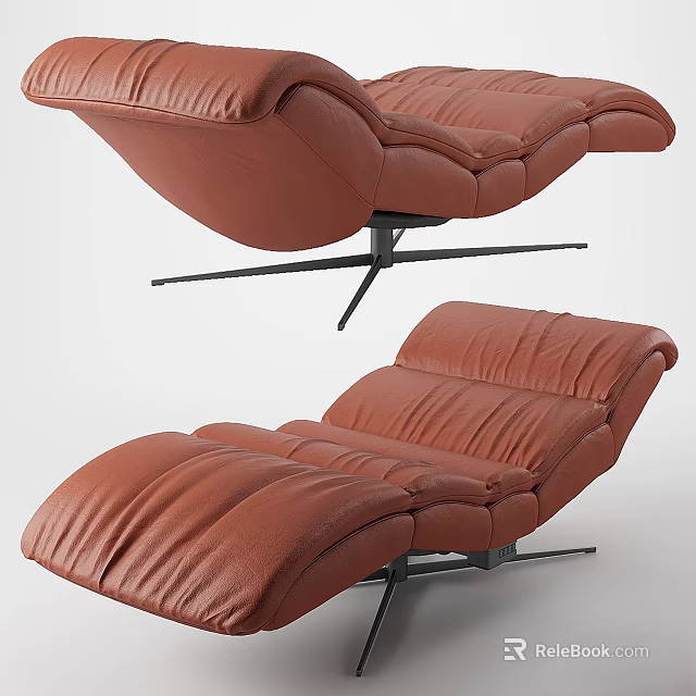 Brown Leather Recliner Chair with Curved Padded Backrest and Ottoman on Metal Base 3d model 