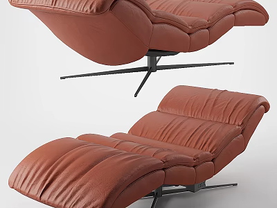 Brown Leather Recliner Chair with Curved Padded Backrest and Ottoman on Metal Base 3d model