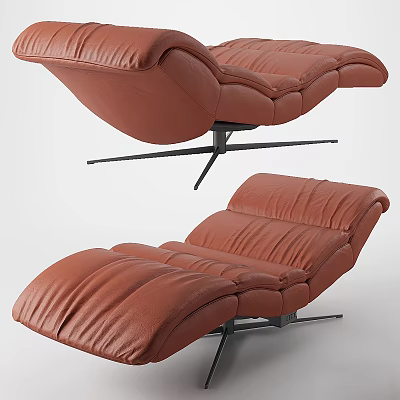 Brown Leather Recliner Chair with Curved Padded Backrest and Ottoman on Metal Base 3d model