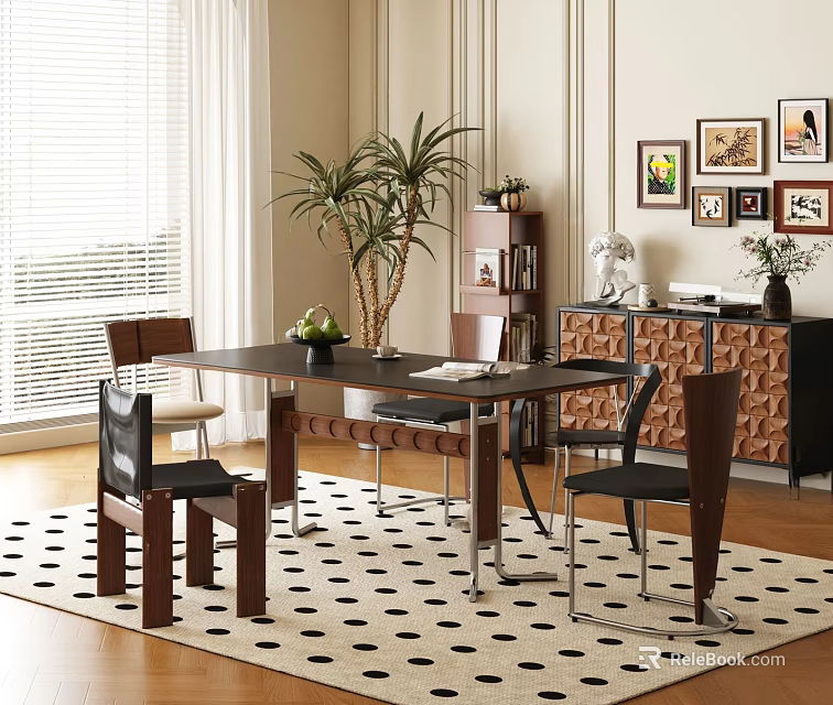 Modern Dining Table Set With Black Chairs And Black White Polka Dot Rug 3d model 