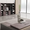 Modern Office Desk Interior With Wooden Surface Laptop Gray Chair Bookshelf And Potted Plant
