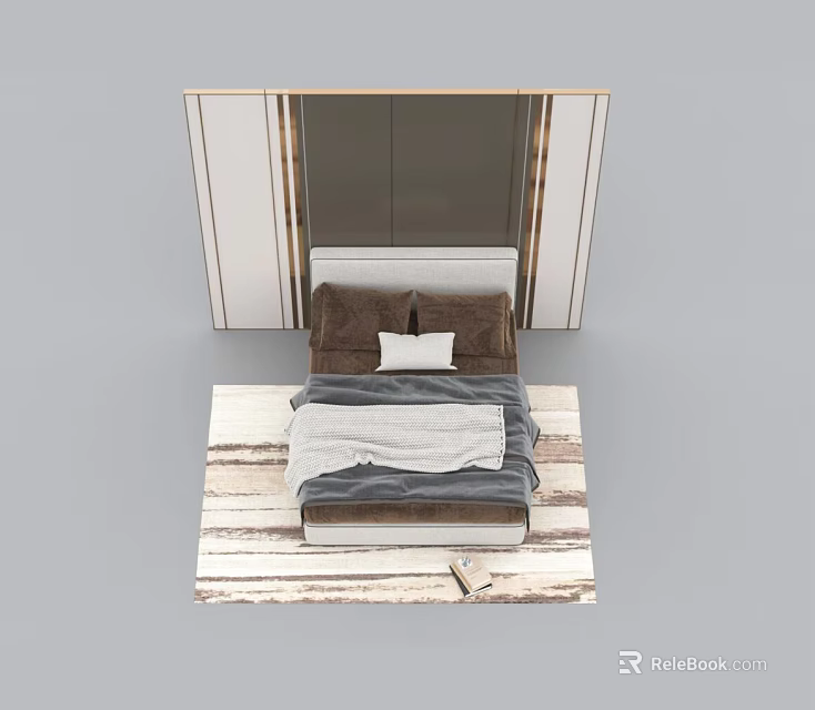 Modern Bedroom Interior With Background Double Bed Soft Bedspread Pillows And Wooden Stripe Rug 3d model 