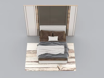 Modern Bedroom Interior With Background Double Bed Soft Bedspread Pillows And Wooden Stripe Rug 3d model