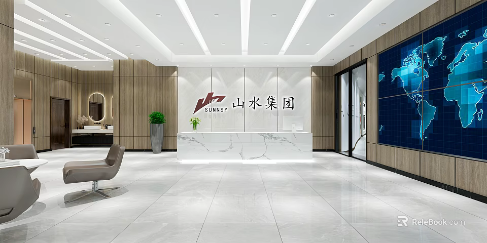 Modern Front Desk Reception Interior With Marble Countertop Company Logo Green Plant And Wooden Walls 3d model 