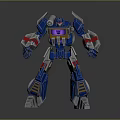 Blue And Black Mechanical Robot Character With Red Silver Details And Glowing Chest Emblem