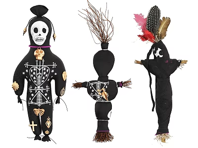 Black Decorative Dolls With Skeleton Design Feather And Straw Ornaments For Halloween 3d model
