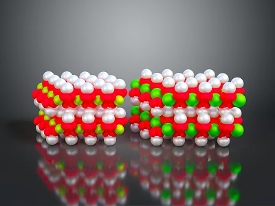 Molecular Structure Model with Red Green White Spheres Arranged in Stacked Layers 3d model