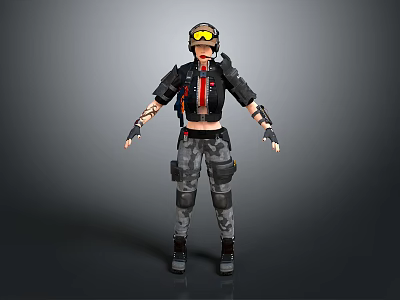 3D Tactical Female Character Wearing Goggles Black Jacket Red Tie Camouflage Pants and Arm Tattoos 3d model