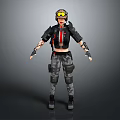 3D Tactical Female Character Wearing Goggles Black Jacket Red Tie Camouflage Pants and Arm Tattoos