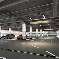 Spacious Parking Garage Interior With Parked Vehicles White Columns Yellow Parking Lines And Directional Arrows