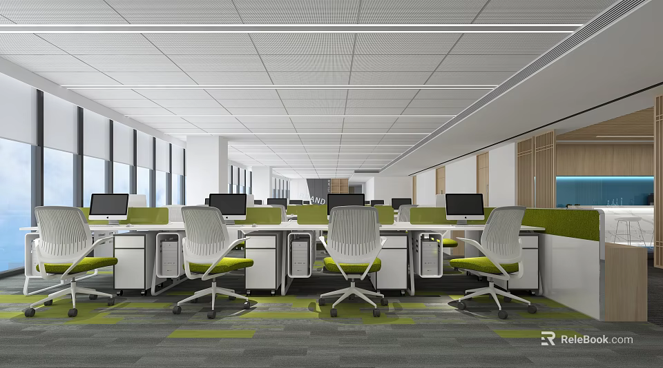 Bright Modern Public Office Space With Workstations Computers Green Chairs And Windows 3d model