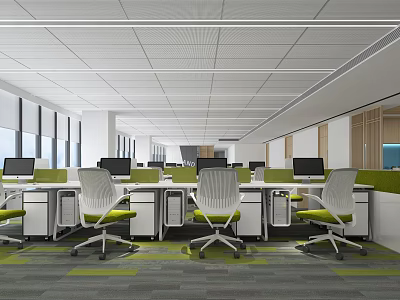 Bright Modern Public Office Space With Workstations Computers Green Chairs And Windows 3d model