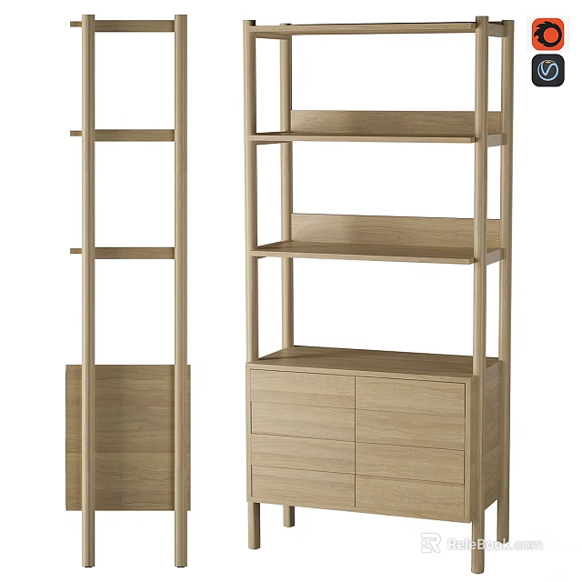 Modern Wooden Storage Shelving Unit With Open Multi Tiered Shelves And Bottom Drawers 3d model 