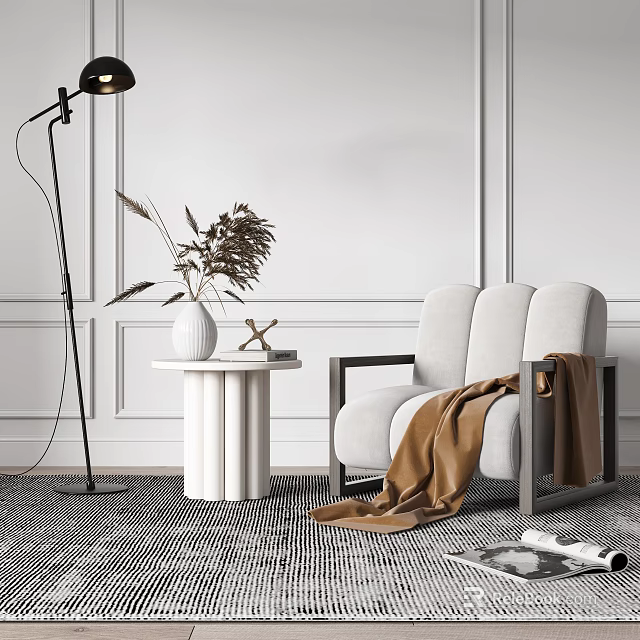 Modern Single Sofa With Brown Blanket And Small Round Table By White Wall 3d model