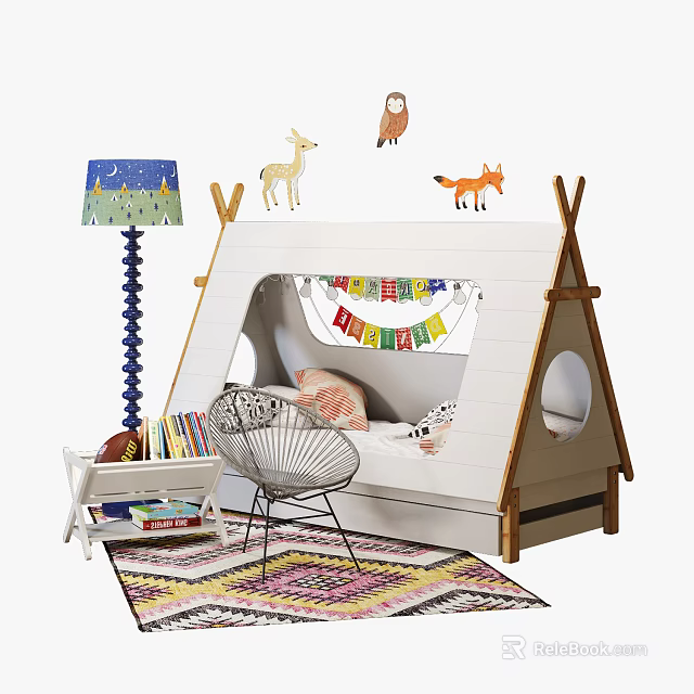 Kids Teepee Shaped Bed with Animal Plush Toys Colorful Bunting Blue Star Lamp and Rug 3d model 