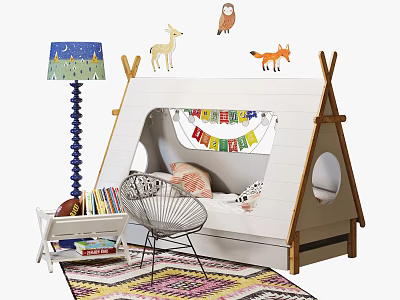Kids Teepee Shaped Bed with Animal Plush Toys Colorful Bunting Blue Star Lamp and Rug 3d model