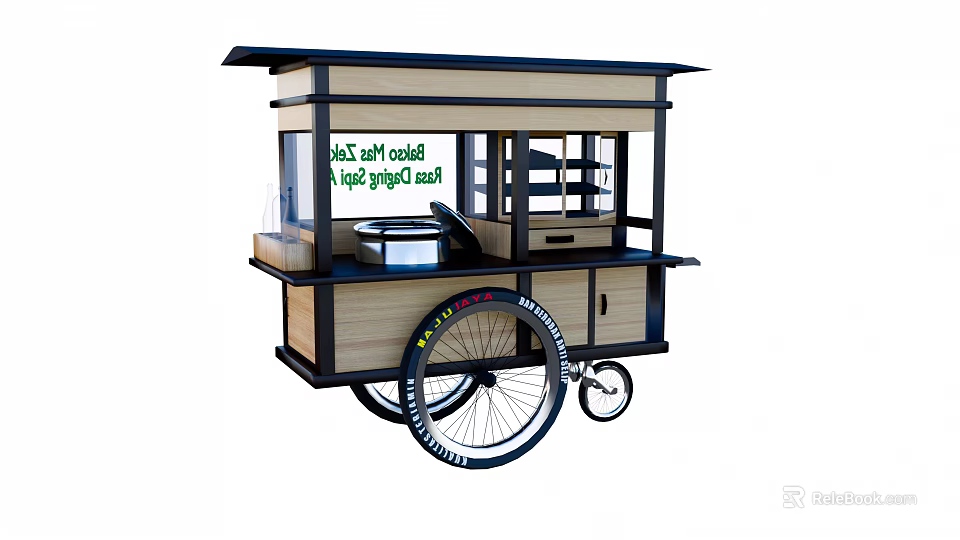 Mobile Wooden Food Cart With Awning Transparent Window And Wheels 3d model 