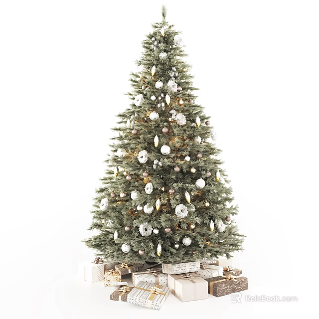 Christmas Tree Decorated With White And Gold Ornaments And Gift Boxes At Base 3d model 