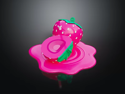 Strawberry Shaped Decorative Toy With Pink Base White Dots And Green Leaves 3d model