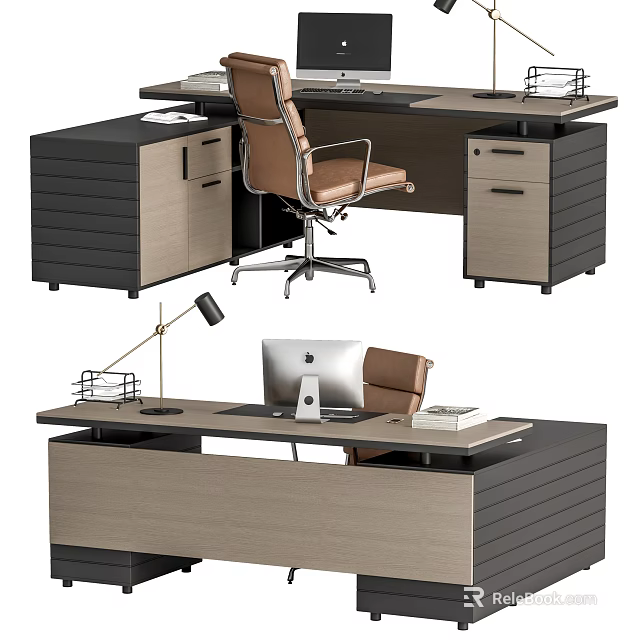 Modern Office Desk With Ergonomic Chair Wooden Top Monitor And Storage Drawers 3d model 