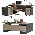 Modern Office Desk With Ergonomic Chair Wooden Top Monitor And Storage Drawers