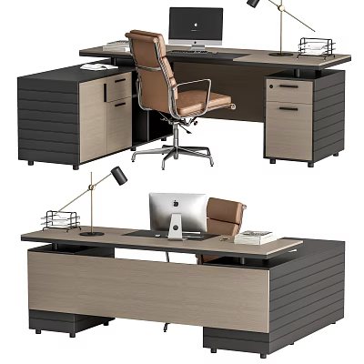 Modern Office Desk With Ergonomic Chair Wooden Top Monitor And Storage Drawers 3d model