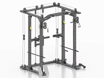 Multi functional gym equipment power rack with barbell pulley system and footplate 3d model