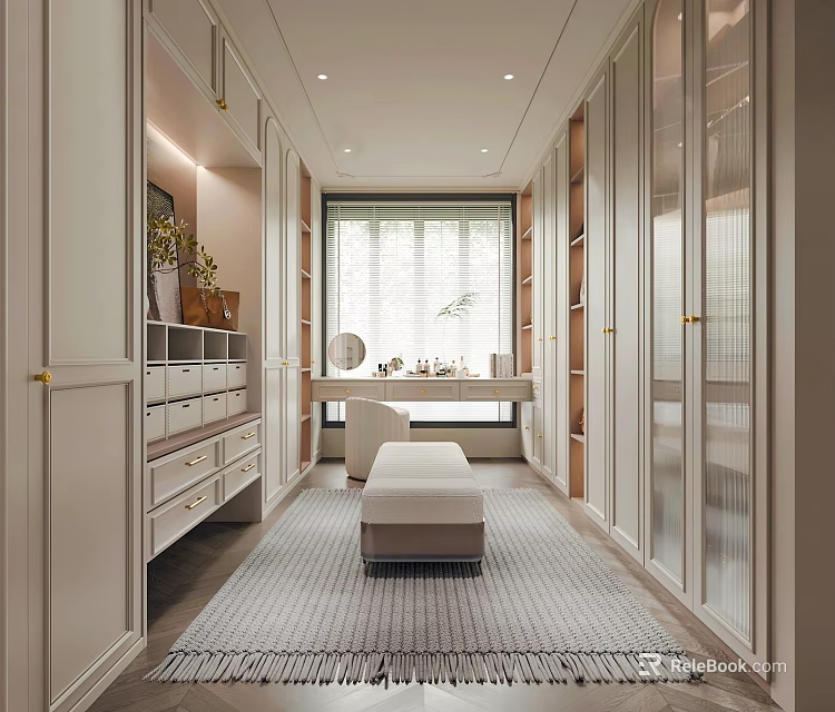 Modern Walk-in Closet Interior Design With Glass Door Cabinets Dressing Table And Bench 3d model 
