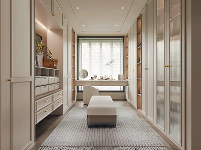 Modern Walk-in Closet Interior Design With Glass Door Cabinets Dressing Table And Bench 3d model