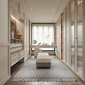 Modern Walk-in Closet Interior Design With Glass Door Cabinets Dressing Table And Bench