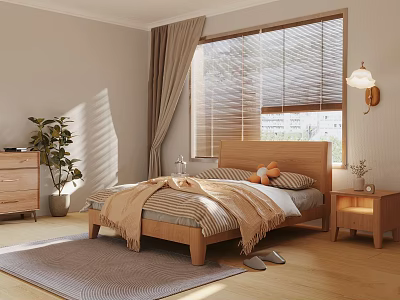 Cozy Bedroom Interior With Wooden Bed Striped Blanket Nightstand Lamp Rug Window Blinds And Curtains 3d model