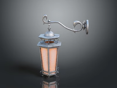 Vintage Metal Wall Lamp With Hexagonal Glass Shade And Curved Bracket 3d model