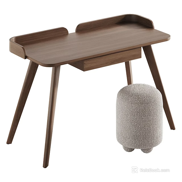 Modern Walnut Wood Dressing Table With Drawer And Matching Padded Stool 3d model