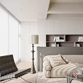 Modern Living Room Interior With Beige Sofa Black Chair Glass Coffee Table And White Bookshelves