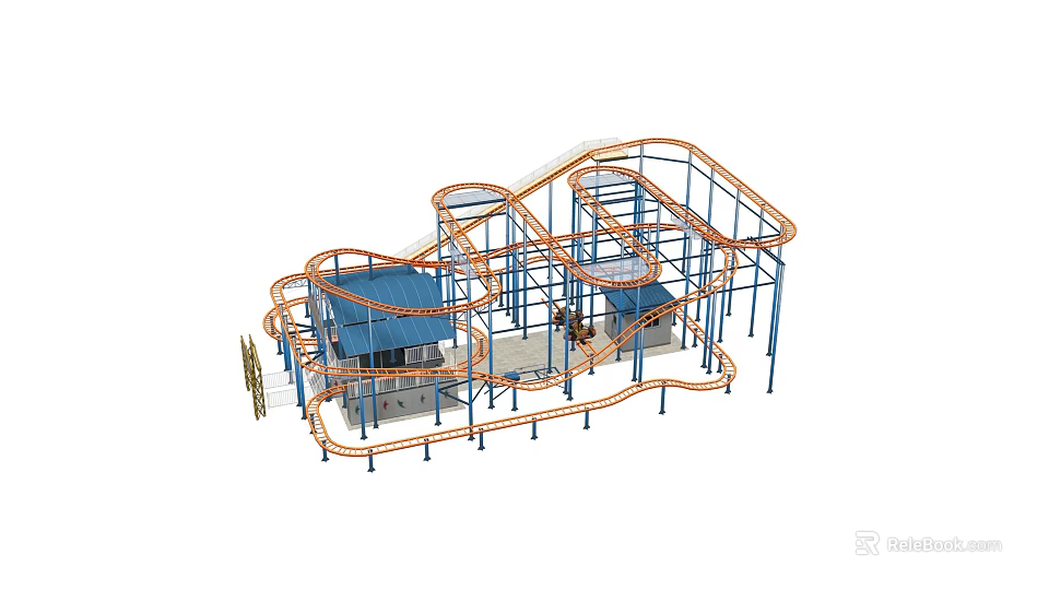 Decorative Garden Ornament Mini Roller Coaster With Orange Tracks Blue Supports And Gray Base 3d model 