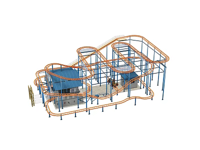 Decorative Garden Ornament Mini Roller Coaster With Orange Tracks Blue Supports And Gray Base 3d model