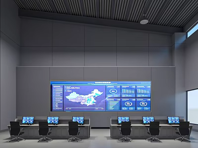 Modern Control Room Featuring Large Digital Screen With Data Charts And Workstations 3d model