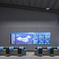 Modern Control Room Featuring Large Digital Screen With Data Charts And Workstations 3d model