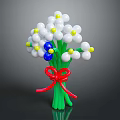 Decorative Ornament Set With Balloon Bouquet White Yellow Blue Balloons Green Stems Red Bow