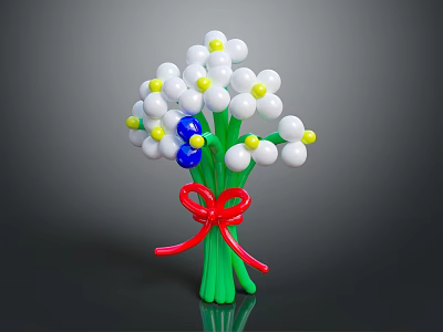 Decorative Ornament Set With Balloon Bouquet White Yellow Blue Balloons Green Stems Red Bow 3d model