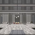 Modern Architectural Entrance Gate With Glass Facade Interior Lounge Sofa Hanging Lamps And Stone Pavement