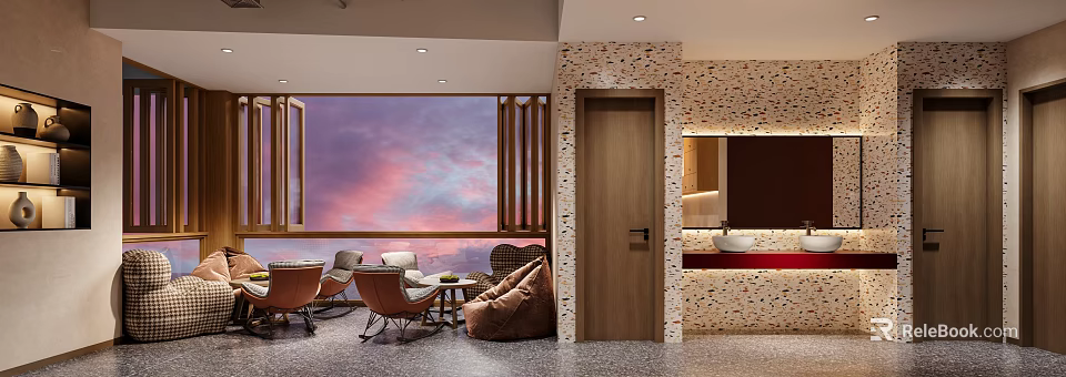 Cozy Teahouse Interior With Seating And Panoramic Sunset Window 3d model 