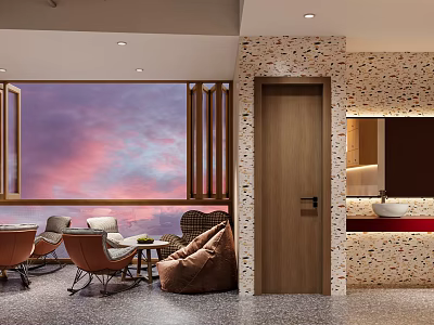 Cozy Teahouse Interior With Seating And Panoramic Sunset Window 3d model