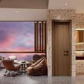 Cozy Teahouse Interior With Seating And Panoramic Sunset Window