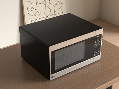 Modern Kitchen Microwave Oven in Black and Silver on Wooden Countertop 3d model