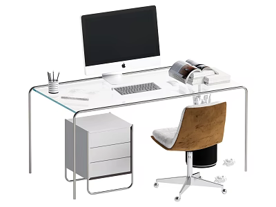 Modern Glass Top Desk With iMac Computer Keyboard Pen Holder Chair And Drawer Cabinet 3d model